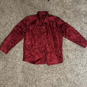DiBanGu Men's Red Paisley Jacquard Long Sleeve Button-Up Shirt XL Silk
